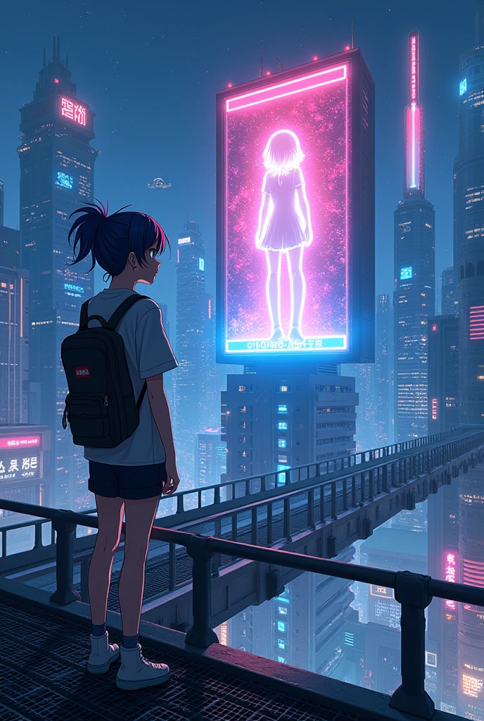 Create a book cover with anime style, a futuristic night city and a teenager standing on a metal bridge looking at a girl on a 3d bright sign looking at him