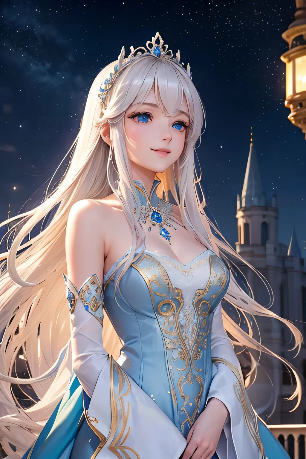 A beautiful white princess with long blonde hair, wearing a flowing blue gown with intricate silver embroidery, stands on a grand palace balcony under the starry night sky. She smiles warmly and waves to the cheering crowd below. The moonlight bathes her in a soft glow, illuminating her golden hair and the silver details of her gown. Behind her, the palace is softly lit, creating a magical ambiance,(((Upper body)))