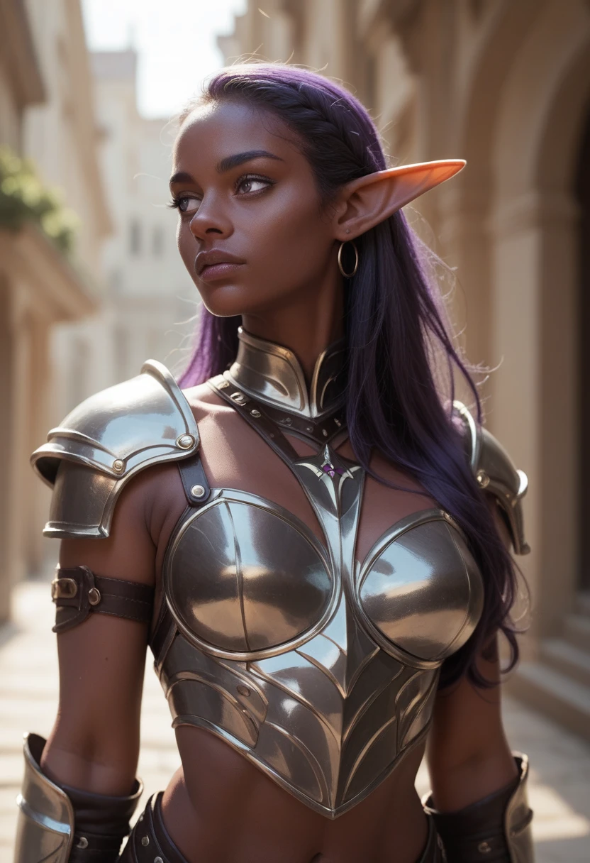 Artwork of beautiful dark elf, ((dark purple skin)), , leather armor, elf ears