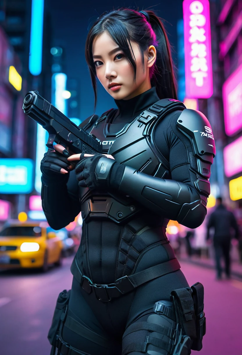 (masterpiece:1.2,Highest quality,Highest quality,Very detailed:1.2),8k,wallpaper,(One Woman),(Future female SWAT team member),(((pointing pistol:1.6))),(Extremely form fitting black tactical bodysuit),(Tactical Headset),(Tactical Holster),(Tactical Gloves),BREAK(Serious),(ponytail),(Black Hair),(Beautiful Face),(Beautiful Eyes),(Beautiful Eyes),(Very detailedな顔),(Very detailed female hand),(muscular),(ly),(BigThick thighs),(Beautiful body),(The background is the neon streets of a future city:1.6),(cyber punk:1.6),(((Hand,detailed,perfect,perfection,hands))),(Beautiful female hands),(Accurate hand drawing)