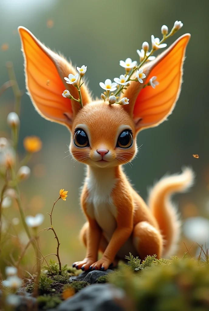 Meta tested - Generate a A fantasy creature inspired by nature. Its skin is orange-brown with darker spots. oiled skin, It has natural camouflage ability. Its large and pointed ears are decorated with white flowers and buds, with a translucent body. Place this creature in a miniature world, The overall atmosphere should be dreamy and magical, with a bokeh background that emphasizes the tiny, enchanting details of the creature and its surroundings. The style should combine elements of hyper-realism and fantasy, capturing the delicate textures and vibrant colors with stunning clarity