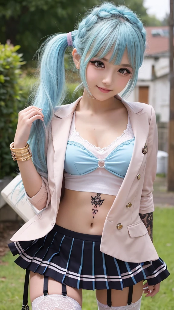 very fine 8kcg wallpaper,best masterpiece,masterpiece,(((()))),petit,,cute,kawaii,baby face,cute eyes,(((gyaru,full makeup:1.2))),bracelet,,(((pastel blue))),(high side pony tail),long hair,realistic detailed hair,heartily laugh,outdoor,((tatoo)),(flat chest),(skinny legs),(slim thin),((slim thighs)),
break
(school uniform,blazer,blouse,plaids mini skirt),thighhighs,garter belt,garter straps,