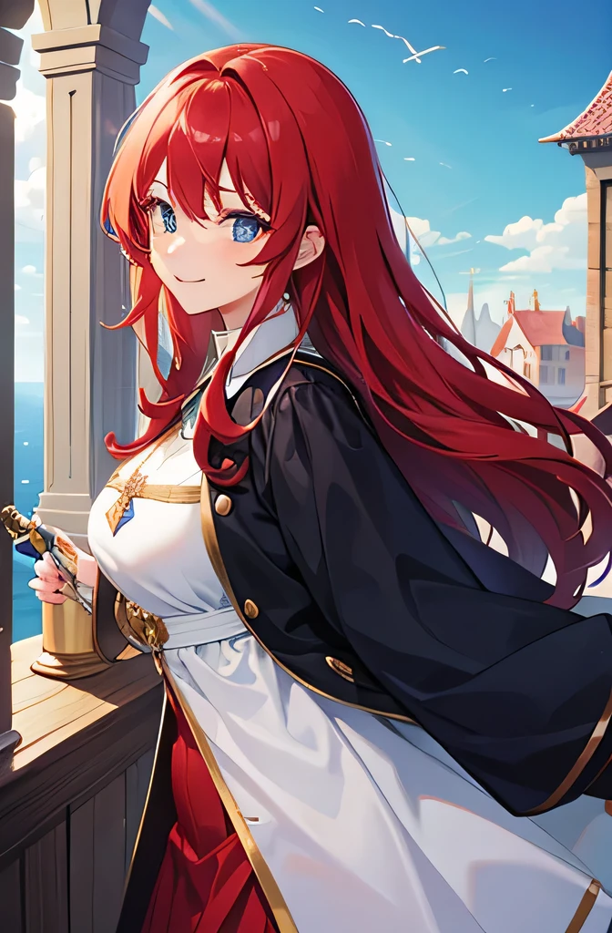 4K,high resolution,A woman,Bright red hair,Langheier,blue eyes,knight,White Holy Armor,jewel embellishment,Great Sword,Medieval town , Smiling , hands down 