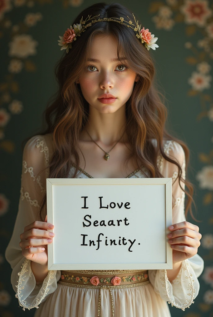 Beautiful girl with wavy long hair, bohemian dress, holding a white board with text "I Love Seaart Infinity" and showing it to the viewer