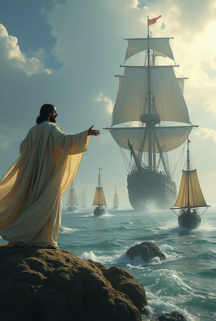 Jesus stand and call all small sailing ship to join to very big ship
