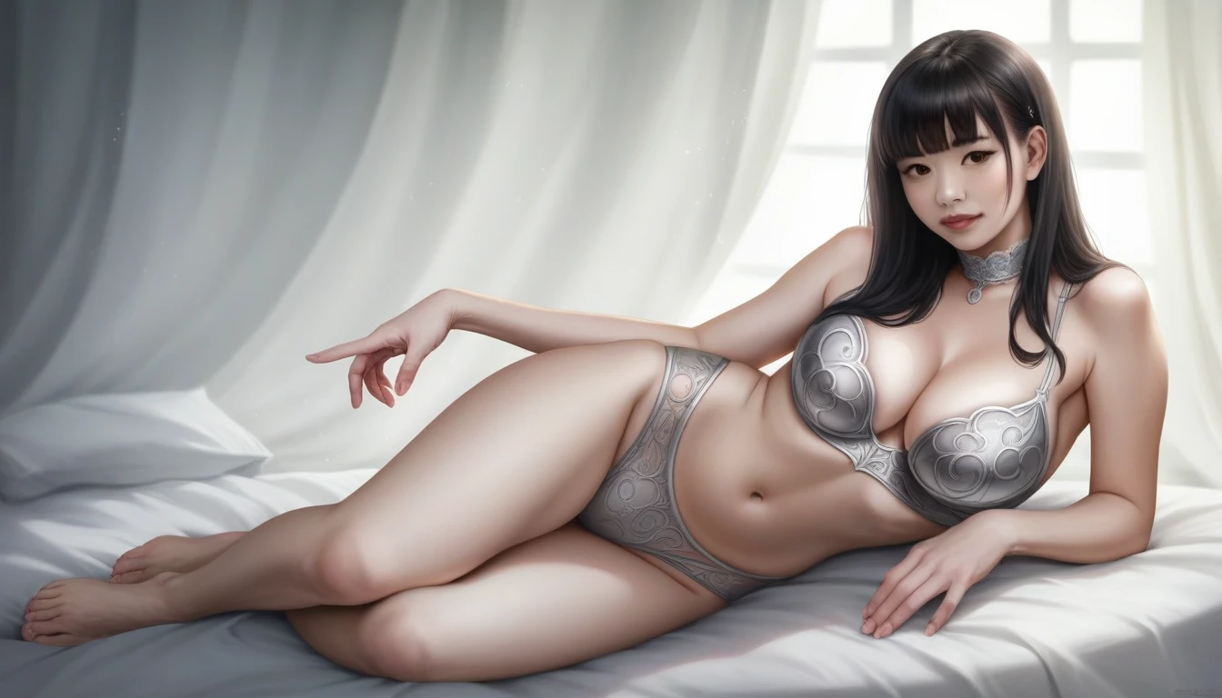 (((Young asian woman))), (((full body photo))) , silver metal lingerie with geometric cutouts in the design showing skin , simple thick perforated silver metal lace pattern, sexy provocative reclining pose, consciously showing off her thighs and calves ,(realistic:1.2), (realism), (masterpiece:1.2), (best quality), (ultra detailed), (8k, 4k, intricate),(85mm),light particles, lighting, (highly detailed:1.2),(detailed face:1.2), (gradients), colorful, (detailed eyes:1.2),(detailed background),detailed landscape, (dynamic angle:1.2), (rule of third_composition:1.3), (Line of action:1.2), (big breast:1.4), colored eyeshadow, dark red lipstick, impressive eyeliner, mix make up, choker, detailed dark brown eyes, (black hair), ((brown eyes))
