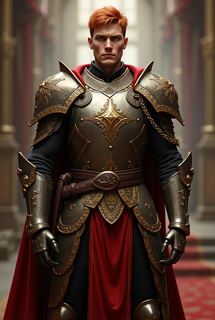 royal guard red short hair gold eyes in royal armor and sword on hip tall and musclar male