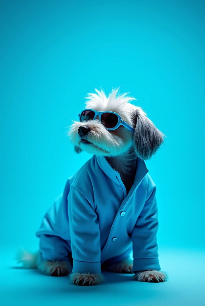 The best cell phone wallpaper, Award-Winning Wallpaper, portrait photography, In the front view is a portrait of a cute dog wearing mid-1960s space age fashion, Side view photo, Shot with Canon EOS R5, Set a strong contrast that accentuates the subject, Fluorescent blue tone, Wearing a very modern coat and sunglasses is a modern 1960s style, Clothes all in one color, beautiful background