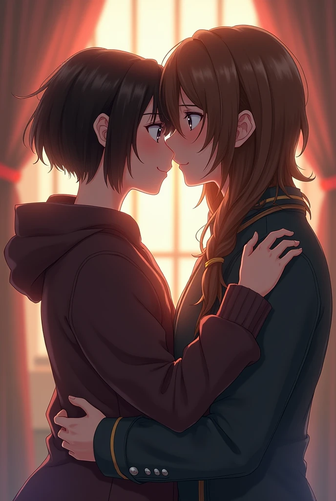 a girl with really short, dark brown hair. which is not longer than the beginning of her neck. she has a rebellious vibe. she’s kissing with a sweet boy, who has brown and very long straight hair. they are in love. she’s touching him. make it look very intimate
