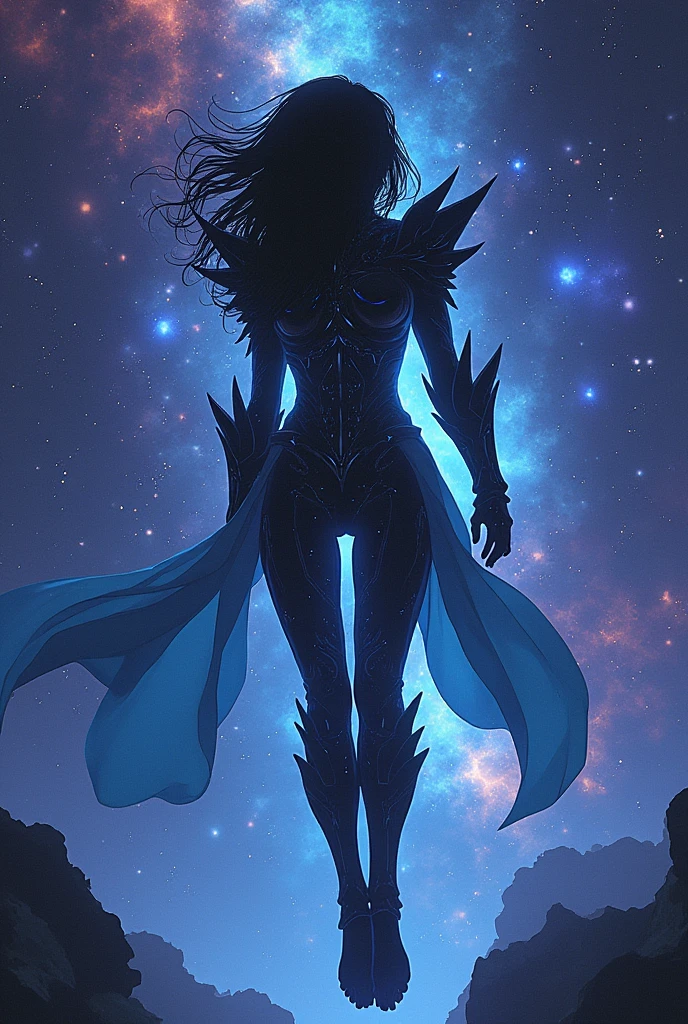 silhouette of inner cosmos woman, celestial armor, suspended in air, nebula-filled backdrop, 2D manga anime style.