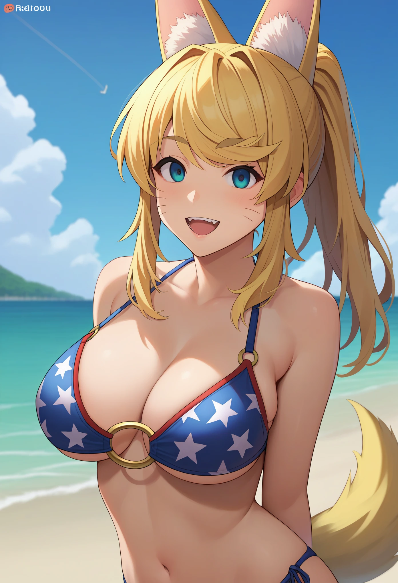 score_9, score_8_up, score_7_up, source_anime, solo, 1girl, pokanliru, dark skin, whisker markings, happy, looking at viewer, hands behind back, ponytail, o-ring top, large breasts, (american flag bikini), wolf tail , beach background