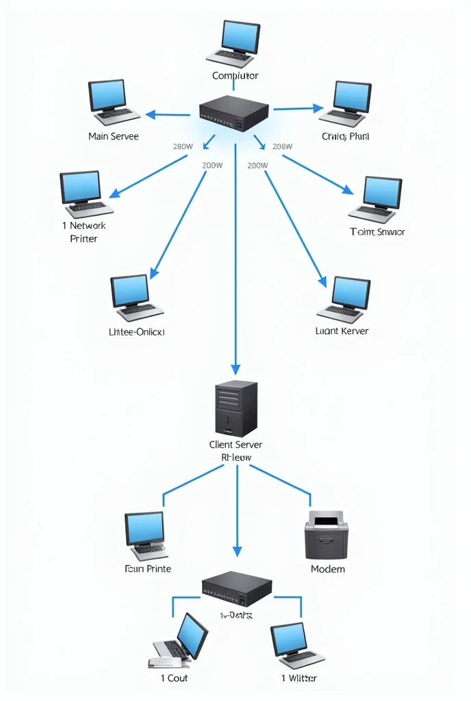 Draw a layout peer to peer network connection and client server network connection based on the given devices:
B.
5 client computers
1 main server
1 switch
1 wireless router connected to the switch
1 modem connected to the router
1 printer connected to the server
And label each devices