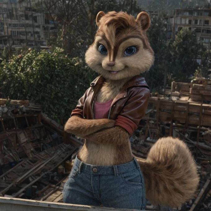 score_9, score_8_up, score_7, score_6, detailed background, brittany miller, chipmunk, furry, short ears, leather jacket, jeans , light pink shirt, crossed arms, 6 inches tall,