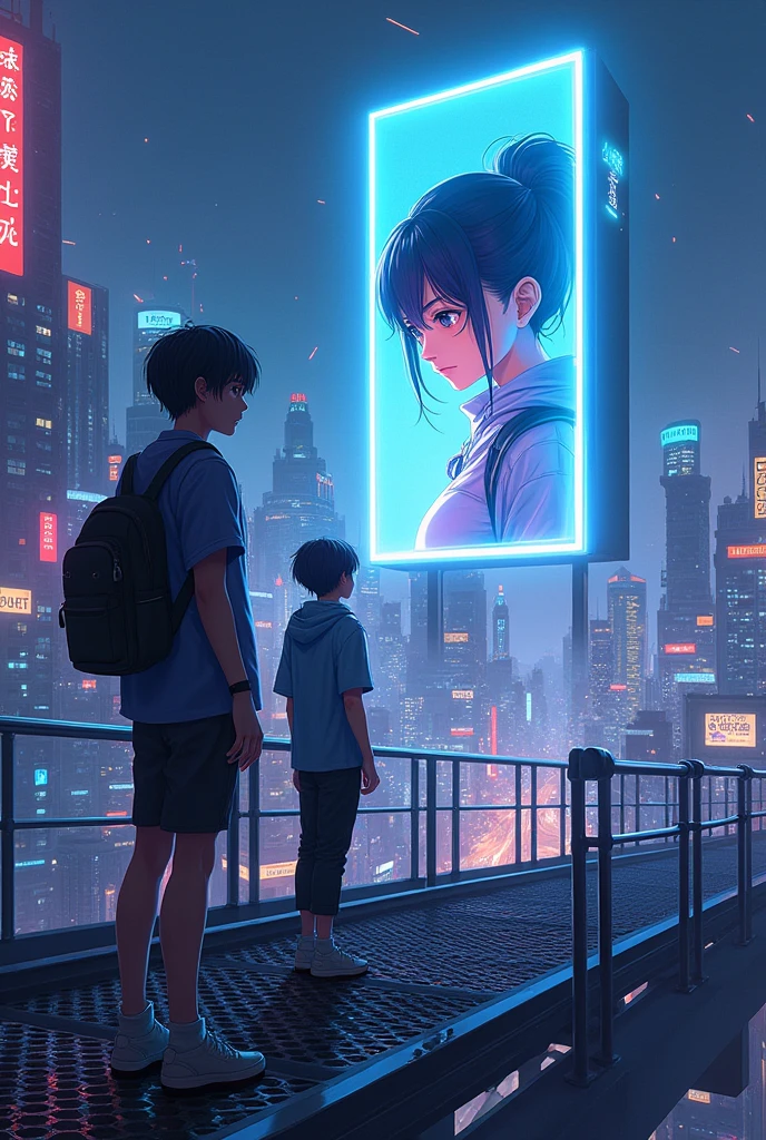 Create a book cover with anime style, a futuristic night city and a teenager standing on a metal bridge looking at a teenager girl on a 3d bright sign looking at him