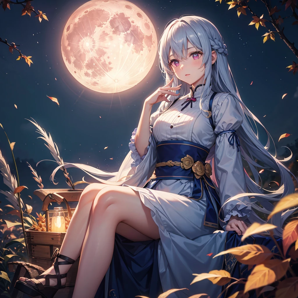 (Moon viewing dumplings),(Sky blue braided medium length hair), (Pink eyes),(Fair skin)  ,(whole body),(One Girl),(harvest moon),(A large amount of Miscanthus sinensis in the background),autumn,(full moon),(masterpiece, Highest quality, Very detailed, Best Shadow), (Detailed Background), (Beautifully detailed face), High Contrast, (Best lighting, Very delicate and beautiful), ((Cinematic Light)), Hyper Detail,8k, Dramatic Light, Intricate details