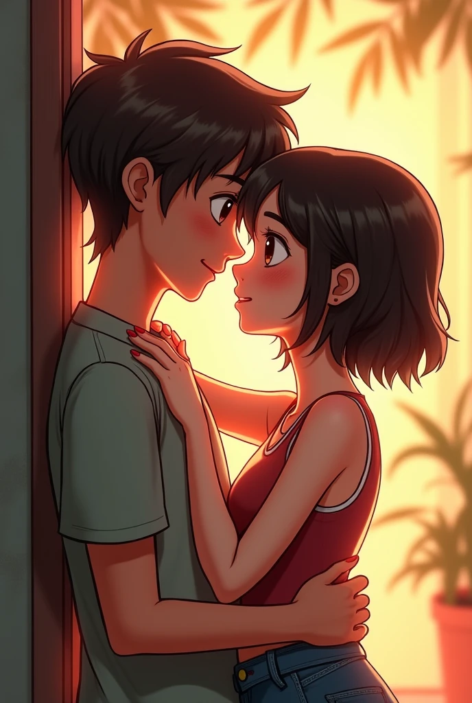 A picture of a couple having their first kiss in a room under construction he is a little bit taller than her together with their black hair he with a yellow shirt and she with a short pink shirt It was in the dark he was leaning against the wall make them animated he hugging her and they have their eyes closed put a blue dress on the girl Like this but her dress is all blue and short and it is at night