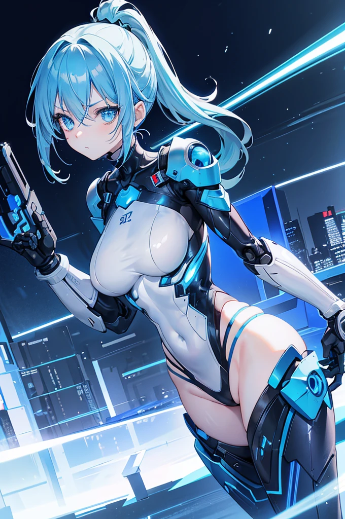 cyborg warrior girl flat horizon photo, Girl android , she has long light blue hair, hair tied up in a ponytail, she has a mask on her face, a respirator, a woman with sexy hips, incredibly beautiful blue eyes and a gas mask on her face, half cyborg, technological modifications. Cool girl, Beautiful face, pretty face, look at the camera, blue metal cybernetic android robot body, Large, wide hips, suit with blue indicator lines with many blue details, blue colour corset, blue glowing lines on clothing details, pretty face with detailed elaboration, long eyelashes and expressive blue eyes, cybernetic armor with a blue glow from under the joints and joints, she has blue eyes , frame with a flat horizon, Anime Style design, blue Lasers, blue smoke fountain on background Cyberpunk style, high image detail, 4k quality, the camera films Her from below, lower angle of photography, image of a night and blue neon lights, blue lamps, blue lighting, blue glare