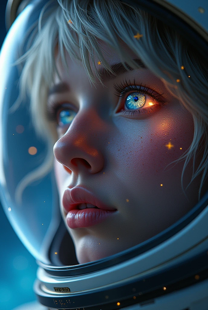 (Close-up of a better masterpiece:1.5)0.9], (Space and astronauts:1.2) (Messy silver hair:1.1) (Heterochromia xanthochromia and blue eyes:1.2) (Space Helmet:1.0) (Colored stars in the eyes:1.0) (A radiant glow:1.1) (thick lips:0.9)