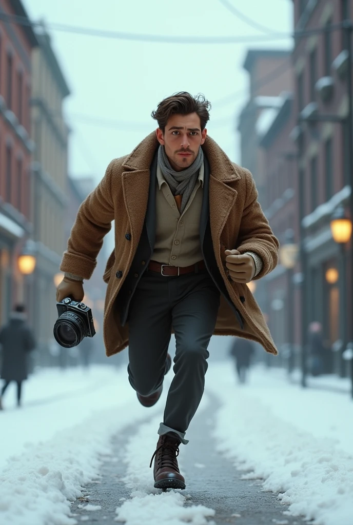 A want a journalist with a vintage camera on his hand running in a snow old city. The man is in the med of 30s. The time of the character is in the 1900s. The character is animation 3d Pixar and Disney style. Movie poster, running from something with face expression.