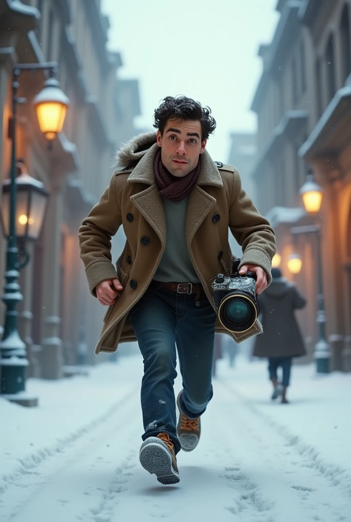 A want a journalist with a vintage camera on his hand running in a snow old city. The man is in the med of 30s. The time of the character is in the 1900s. The character is animation 3d Pixar and Disney style. Movie poster, running from something with face expression.