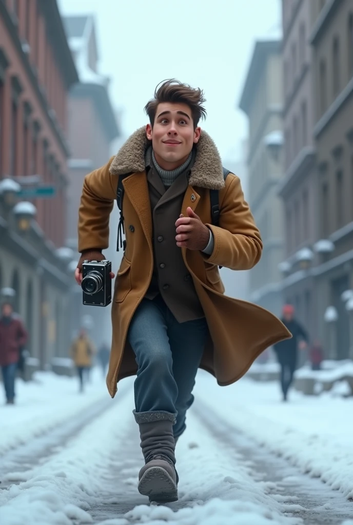 A want a journalist with a vintage camera on his hand running in a snow old city. The man is in the med of 30s. The time of the character is in the 1900s. The character is animation 3d Pixar and Disney style. Movie poster, running from something with face expression.