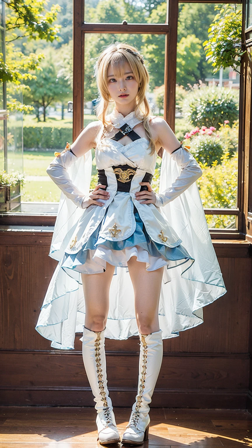 (8k、RAW Photos、Highest quality、masterpiece:1.2)、(Realistic、Realistic)、1 girl、((Blonde、See-through、White and light blue、Frills、Cape、mini skirt、Thin legs、whole body、boots、View from the front、Looking into the camera、Stand with hands on hips))、cute