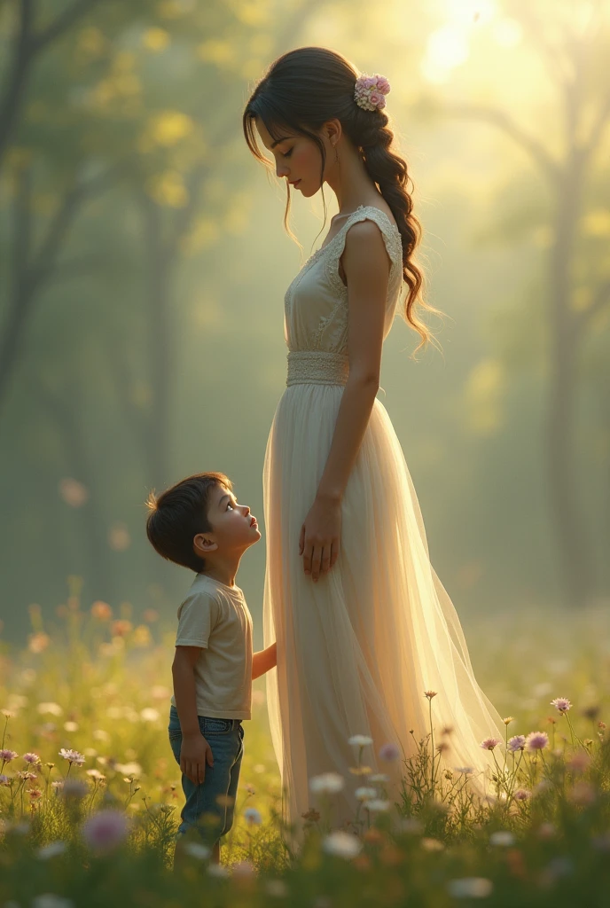 Tall girl standing with the small boy.