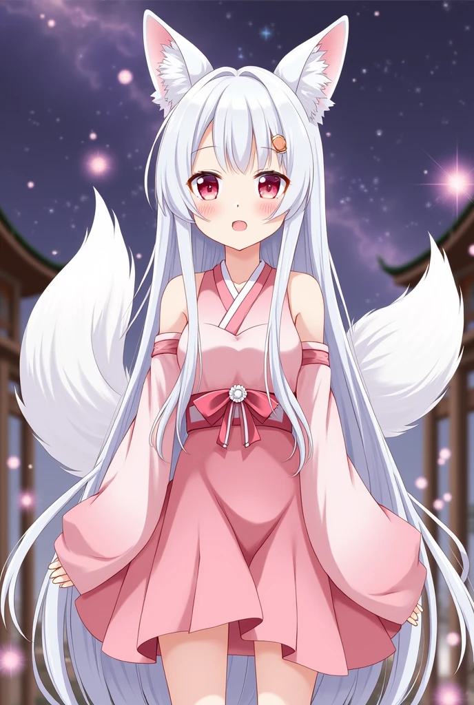 anime, girl, pink eyes, white hair, long hair, hime hairstyle, straight bangs, thick hair, pink dress, cherry blossom petal dress, exquisite dress, very beautiful dress, designer dress, gorgeous dress, nine white tails, big fox ears, lots of hair, tall, temple, gentle and kind girl, japanese head jewelry, big breasts, kind face, relaxed face, illustration, very beautiful girl, big eyes, small details, exquisite dress, magical dress, high quality, magical, like in a dream, unusual, beautiful place, kitsune, kawaiii, baby face, cute moe anime character portrait, adorable, featured on pixiv, kawaii moé masterpiece, cuteness overload, very detailed, sooooo adorable!!!, absolute masterpiece, natural beauty, blushes, night, pose, standing, kimono, 3D anime style