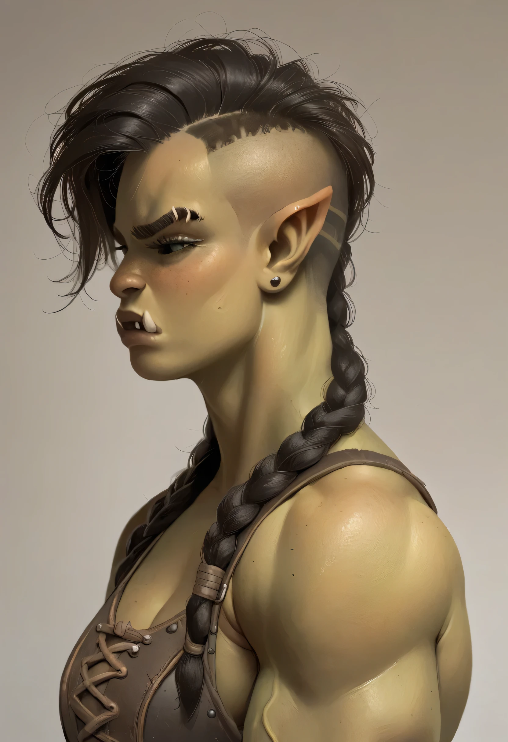 Artwork of beautiful female orc warrior, undercut hairstyle, braids