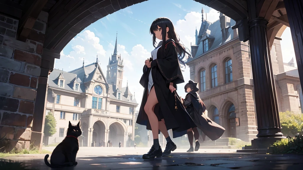 A large university stands in front.
A girl and a black cat can be seen walking toward the gate of the university.
The girl is wearing a black robe and carrying a magic wand.
The university looks like a fantasy castle.