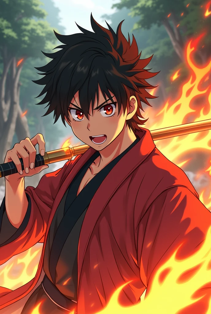 Generate an image of a character based on the anime kimetsu no yaiba, let it be a man, that he is a hunter, a young character,that has the lion's breath and a little fire and that has a haori.