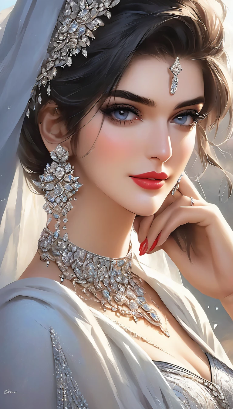 , inspired by Emma Andijewska, draped in crystals, silver color, long earrings, sandra chevier, huge earrings, blue-eyed, platinum jewellery, earring, flawless structure, silver earring,  , a woman, Kriti Sanon, outdoors, realistic skin texture, smiling,   post-processing, Maximum texture, masterpiece, ultra-detailed, photorealistic, realistic, real picture, hyperrealism, Sharp focus, insane details, intricate details,  full sharp, detailed face, realistic eyes,simple white stucco background  ,big hoop  earrings, makeup,white skin,sharp jawline ,big earrings, oversized earrings,big breasts,full body view , necklace, eyeliner, eyeshadow, foundation, jewelry,bangles, anklet,silky black blunt hair ,face makeup, eyeliner,red lipstick ,saree ,big breasts 