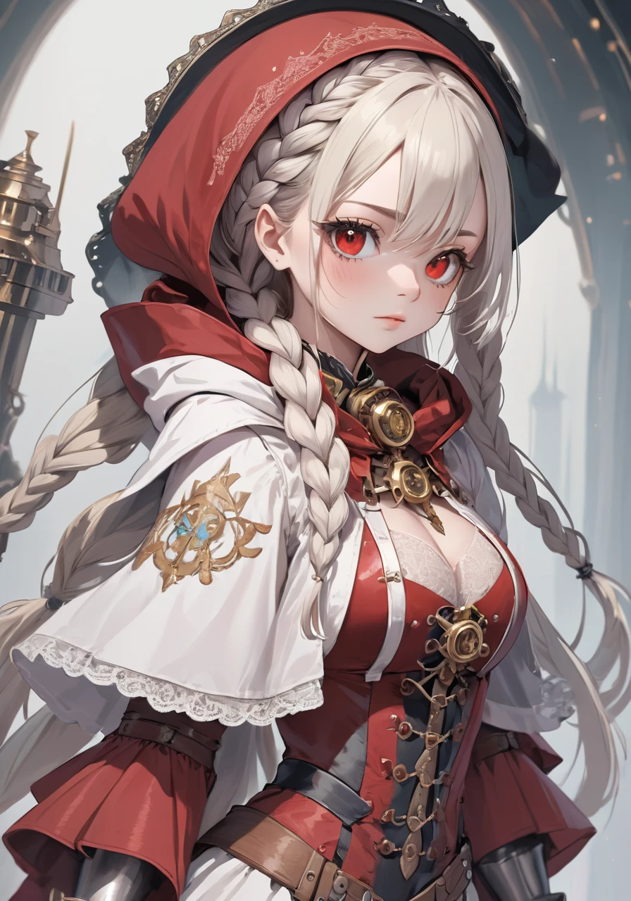 (((masterpiece, of the highest quality, super detailed))), 1girl, (big forhead:1.2),extremely detailed cute anime face, (((flat chest))), (flat chest:1.1),((((long twin braids,tight braids,long braid,braided hair,long hair)))), long hair, red hair, white hair, blonde hair, dark hair, ponytail, thick ponytail, heavy ponytail, (a female knight of an occult order), (an occult saint), (combat pose), (ready for combat), (resolved expression), (resolute expression), (((a beautifully intricate ornate sword floating next to her))), Edwardian/Victorian era inspired, ((minimal but intricate beautiful armour)), ((Fluttering lace flared dress with frilly petticoats)), ((((Highly detailed face))), (((Very sharp focused eyes))), very long eyelashes, ((small breasts)), (((flat chest:1.1))), occult aesthetic, (red and white clothing detailed and intricate steampunk and detailed gothic), (with a hood), complex lace boots, (full body),