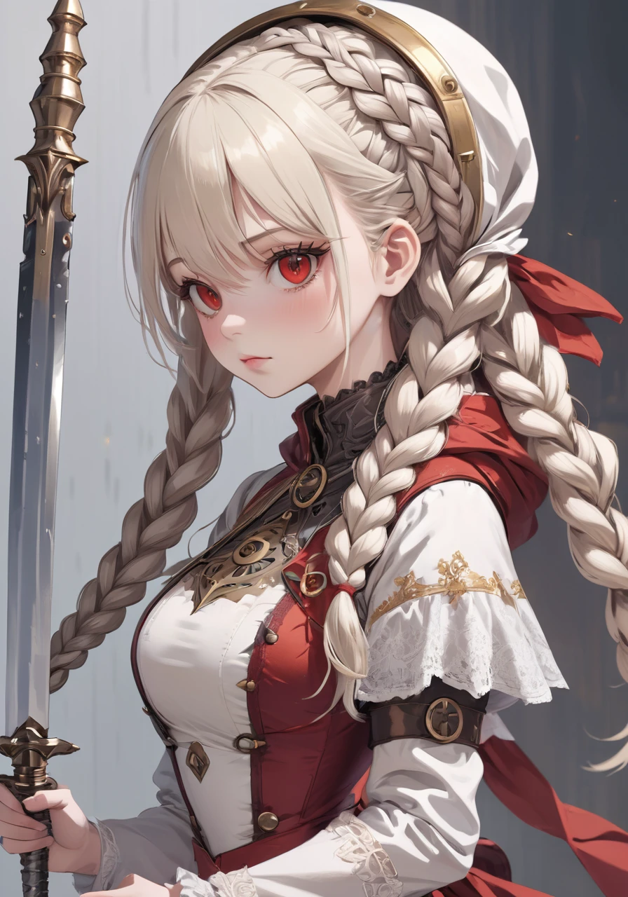 (((masterpiece, of the highest quality, super detailed))), 1girl, (big forhead:1.2),extremely detailed cute anime face, (((flat chest))), (flat chest:1.1),((((long twin braids,tight braids,long braid,braided hair,long hair)))), long hair, red hair, white hair, blonde hair, dark hair, ponytail, thick ponytail, heavy ponytail, (a female knight of an occult order), (an occult saint), (combat pose), (ready for combat), (resolved expression), (resolute expression), (((a beautifully intricate ornate sword floating next to her))), Edwardian/Victorian era inspired, ((minimal but intricate beautiful armour)), ((Fluttering lace flared dress with frilly petticoats)), ((((Highly detailed face))), (((Very sharp focused eyes))), very long eyelashes, ((small breasts)), (((flat chest:1.1))), occult aesthetic, (red and white clothing detailed and intricate steampunk and detailed gothic), (with a hood), complex lace boots, (full body), 