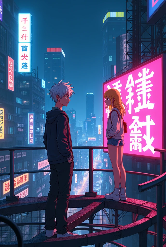 Create a book cover with anime style, a futuristic night city and a white haired male ager standing on a metal bridge looking at a blonde teen girl on a 3d bright sign looking at him