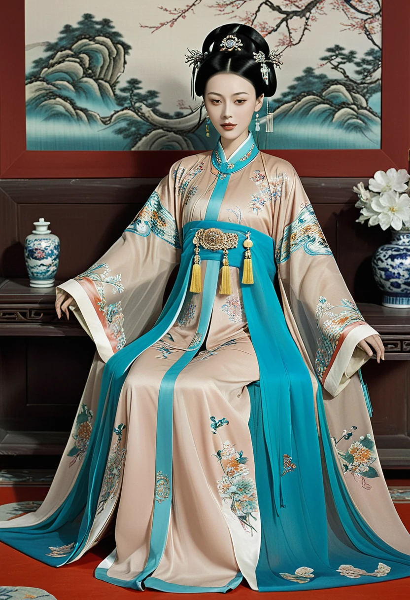 The Qing Dynasty Empress is naked, spreading one's legs open wide with knees bent,creating the shape of the letter M Chinese empress in the Chinese palace wearing a crown and her hair tied up. The background is the stone paving outside the Qing Dynasty.