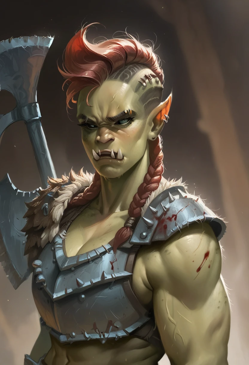 Artwork of beautiful female orc warrior, undercut hairstyle, braids, savage fur armor, battle axe, bloody