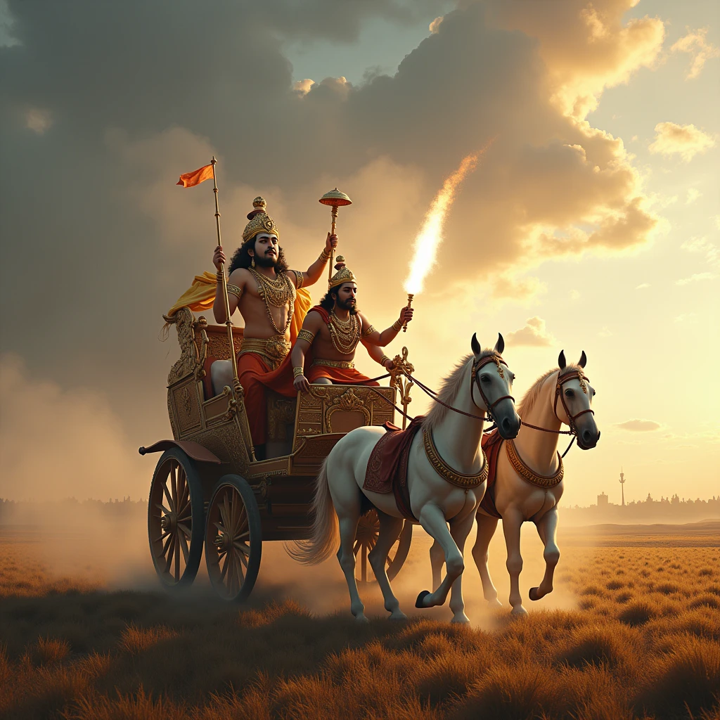 Create an image of a grand battlefield scene featuring Lord Krishna and Arjuna in their magnificent chariot drawn by white horses. Depict Krishna and Arjuna blowing their divine conch shells, which should be shown emitting a radiant, powerful sound. The chariot should be detailed with traditional elements and ornate decorations, and the white horses should appear majestic. Include the surrounding battlefield with hints of the opposing forces to set the stage for the upcoming battle, capturing the moment of divine readiness and resolve.