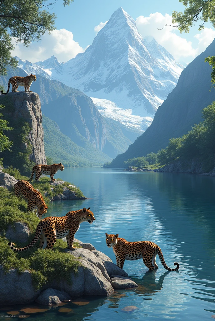 River from mountains with leopard group