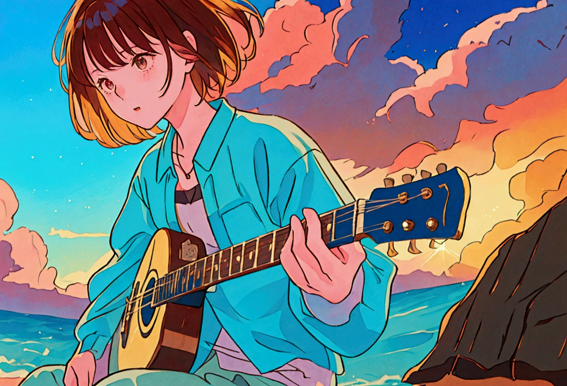 Blues, One Girl, musical instrument, flower, alone, Outdoor, Brown Hair, Sitting, guitar,  short hair, Day, wood, music, Blurred foreground, Blurred, shirt, blue sky, playing musical instrument, , scenery, Wind, holding musical instrument, amplifier, Written boundary depth,  Jack Johnson, Wide Shot,, Clouds and sky, Ocean, スタジオジブリWindHMC, 夕暮れ時に棚に座ってguitarを弾く少年, wallpaper 8k, guitarを弾く, LOFI Girl,(warm, Vibrant colors), (soft, Golden Light), (Sparkling reflections on the water), Anime Style，Ocean，Oceanのビーチ，ココナッツのwood, Illustrator