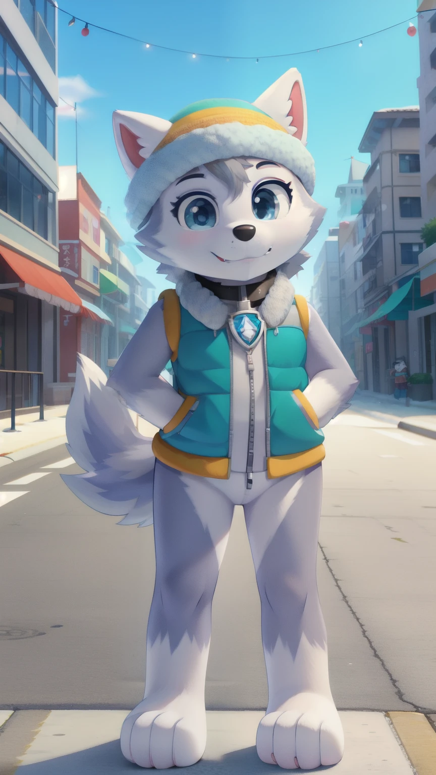 Everest, husky dog, furry girl, blue eyes, gray hair, spiky hair, two tone body fur, gray body fur, white body fur, grat hair, detailed body fur, detailed body, detailed face, detailed eyes, glistering body, shiny body, skinny, (best quality), cinematic lighting, looking at viewer, anime style, full body, feets with three toes, street, clear sky, 1girl, :3, tiny body, short body, anthro, {everestpawpatrol}, everest \(paw patrol\), raised tail, tailwag, hat, collar, vest, clothed animal, ((solo)), standing, 