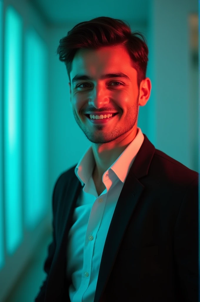 A young men with dark hair and a confident smile he is dress a black blazer over a white shirt A man is positioned against aqua colour backdrop with a subtle red lighting of the rate site and posing for linkedin profile