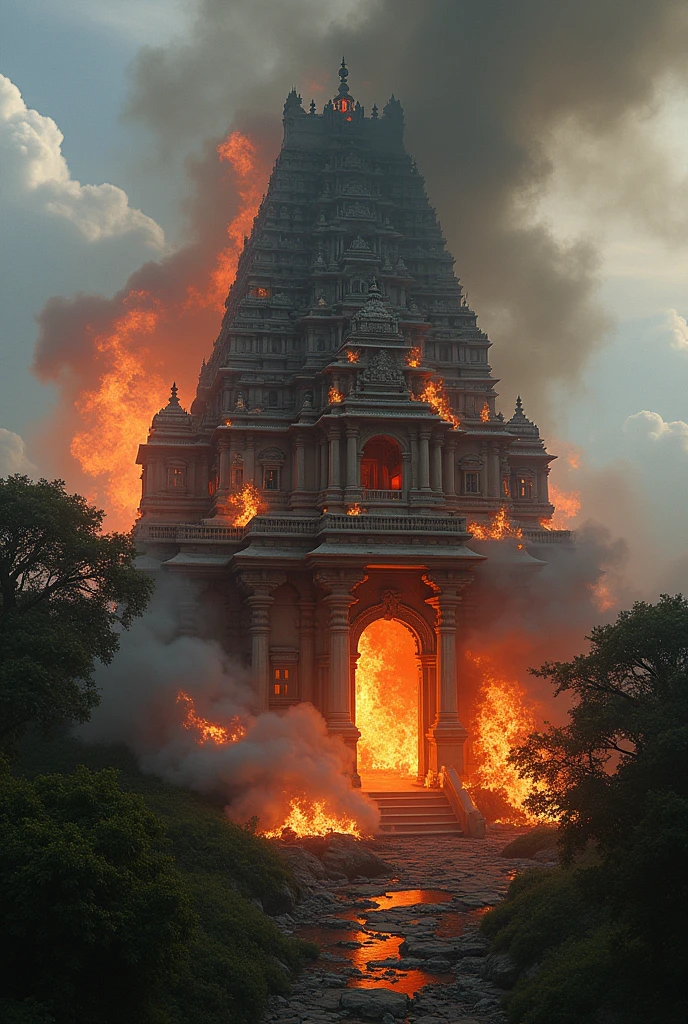 A Big beautiful Hindu temple being fire and badly distroyed
