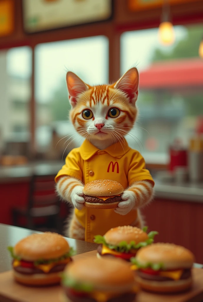 A McDonald's restaurant interior shot run by anthropomorphic cute little cats wearing McDonald's CHEF themed kitchen clothes, making cheeseburgers all in Wes Anderson cinematography.