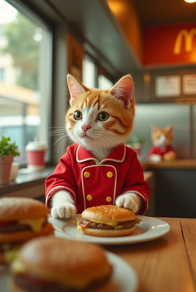 A McDonald's restaurant interior shot run by anthropomorphic cute little cats wearing McDonald's CHEF themed kitchen clothes, making cheeseburgers all in Wes Anderson cinematography.