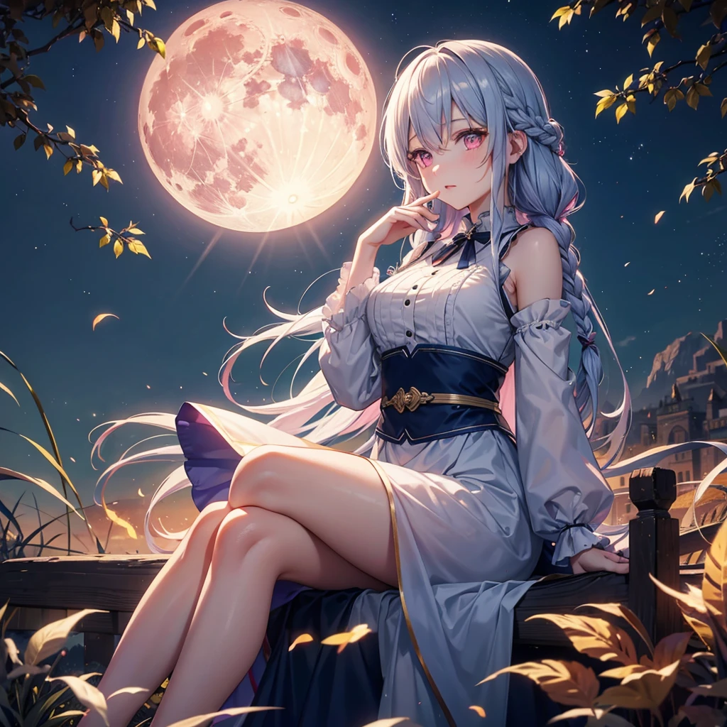 (dumplings),(Sky blue braided medium length hair), (Pink eyes),(Fair skin)  ,(whole body),(One Girl),(harvest moon),(A large amount of Miscanthus sinensis in the background),autumn,(full moon),(masterpiece, Highest quality, Very detailed, Best Shadow), (Detailed Background), (Beautifully detailed face), High Contrast, (Best lighting, Very delicate and beautiful), ((Cinematic Light)), Hyper Detail,8k, Dramatic Light, Intricate details