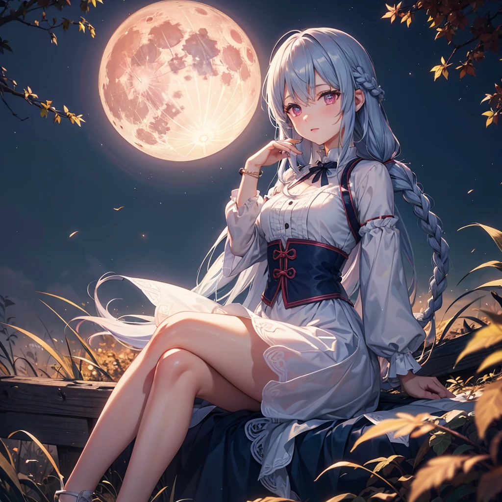 (dumplings),(Sky blue braided medium length hair), (Pink eyes),(Fair skin)  ,(whole body),(One Girl),(harvest moon),(A large amount of Miscanthus sinensis in the background),autumn,(full moon),(masterpiece, Highest quality, Very detailed, Best Shadow), (Detailed Background), (Beautifully detailed face), High Contrast, (Best lighting, Very delicate and beautiful), ((Cinematic Light)), Hyper Detail,8k, Dramatic Light, Intricate details