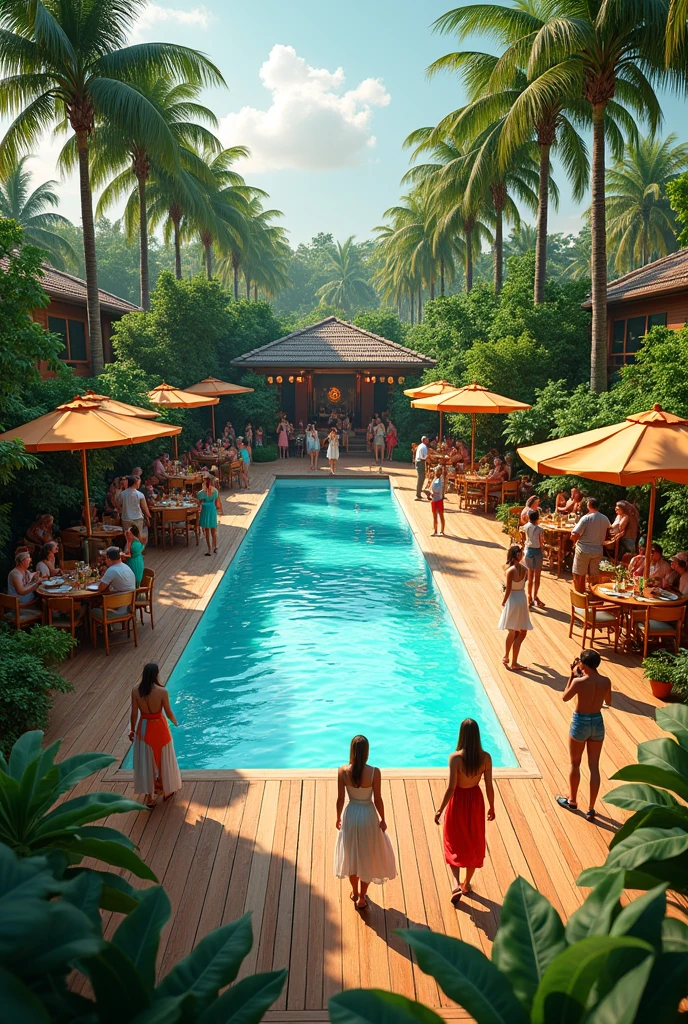 Tropical garden party By Big swimming pool 
Wooden floor  , wood and rattan patio 
