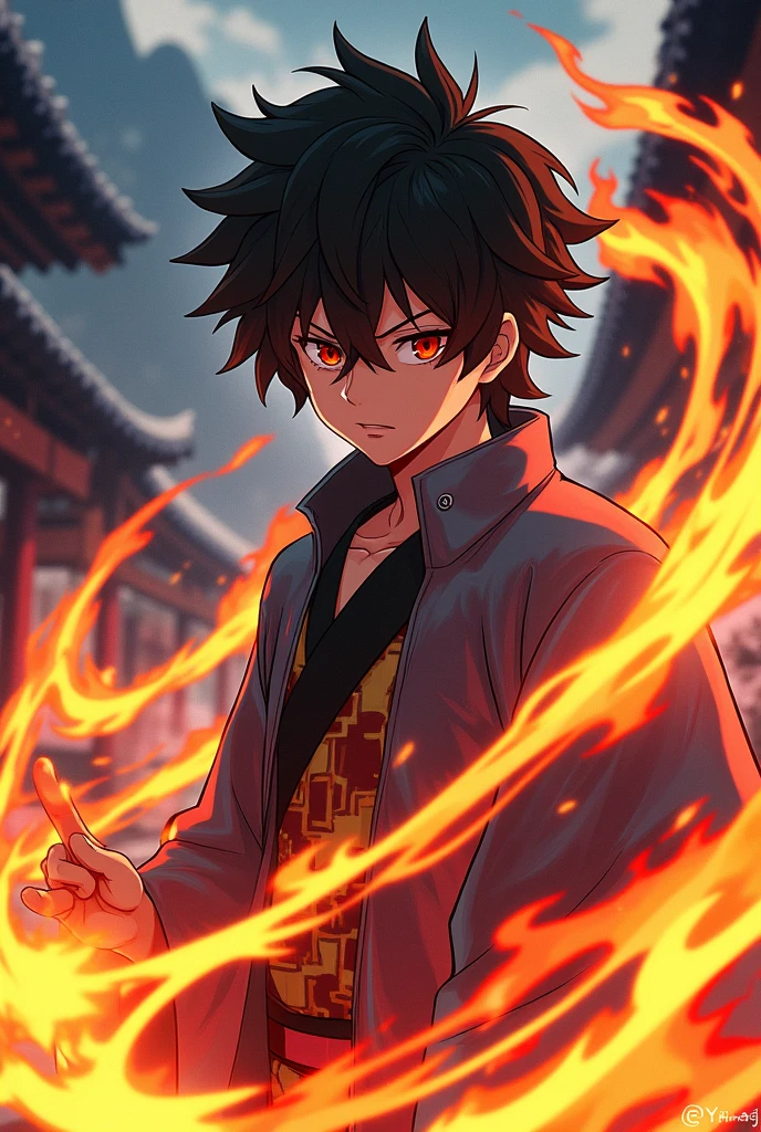 Generate an image of a character based on the anime kimetsu no yaiba and that has its style, let it be a man, that he is a hunter, a young character,that has the lion's breath and a little fire and that has a haori.