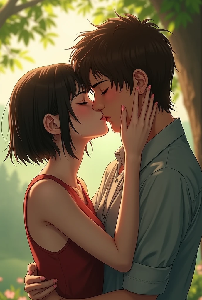 a girl with really short, dark brown hair. which is not longer than the beginning of her neck. she has a rebellious vibe. she’s kissing with a sweet boy, who has brown and very long straight hair. they are in love. she’s touching him. make it look very intimate and like a realistic drawing. they are adults.